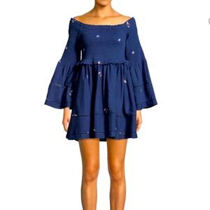 FREE PEOPLE Counting Daisies Embroidered Mini Dress Blue Medium